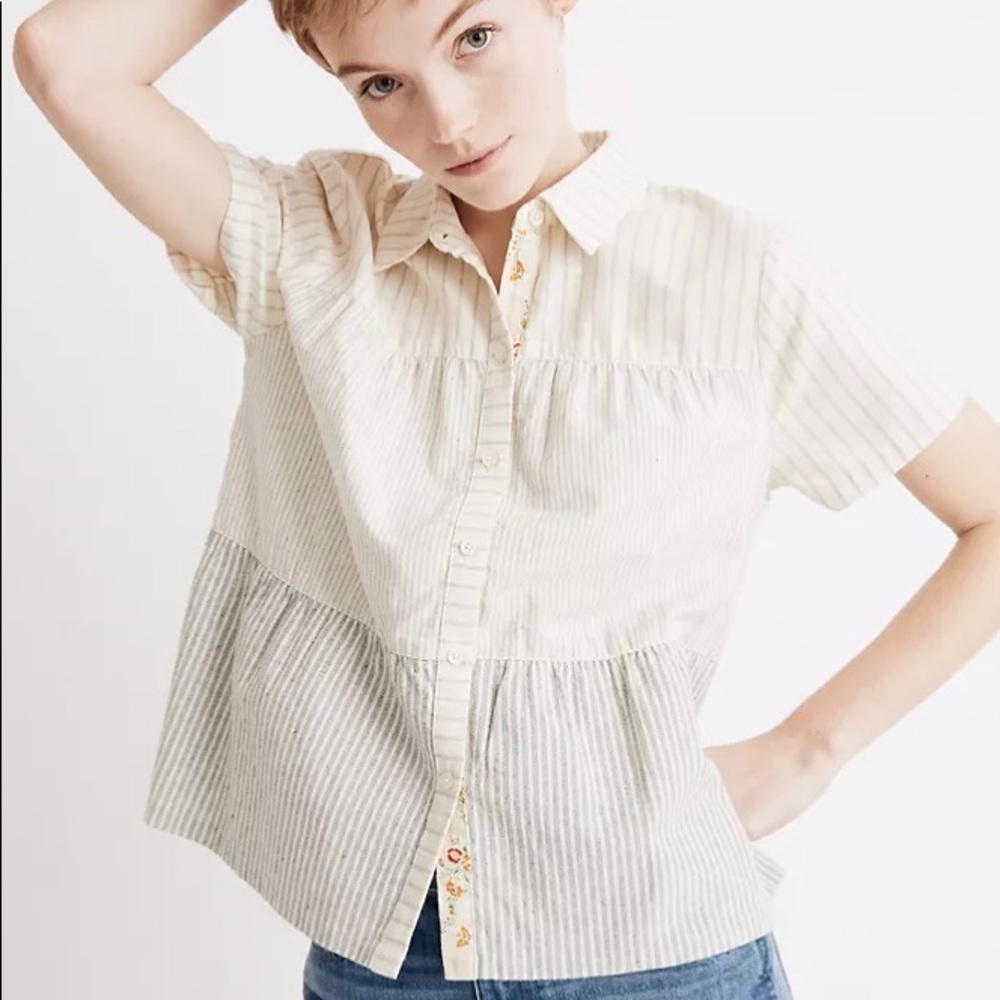 Madewell X The New Denim Project Stripe Mix Seamed Button-Down Short Sleeve